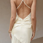 Cream satin maxi dress with thin straps and asymmetrical hem — Runaway The Label | Endless UAE
