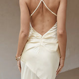 Cream satin maxi dress with thin straps and asymmetrical hem — Runaway The Label | Endless UAE