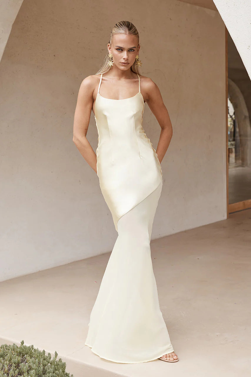 Cream satin maxi dress with thin straps and asymmetrical hem — Runaway The Label | Endless UAE