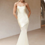 Cream satin maxi dress with thin straps and asymmetrical hem — Runaway The Label | Endless UAE