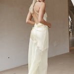 Cream satin maxi dress with thin straps and asymmetrical hem — Runaway The Label | Endless UAE
