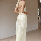 Cream satin maxi dress with thin straps and asymmetrical hem — Runaway The Label | Endless UAE