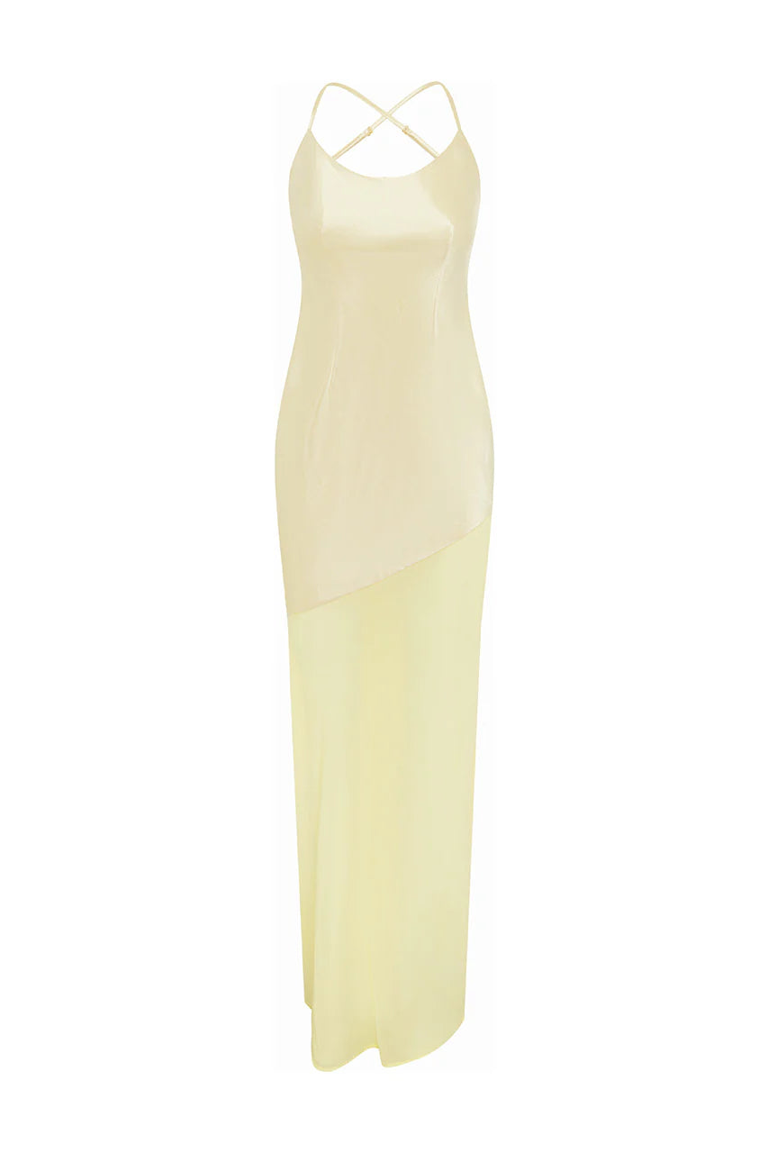 Cream satin maxi dress with thin straps and asymmetrical hem — Runaway The Label | Endless UAE