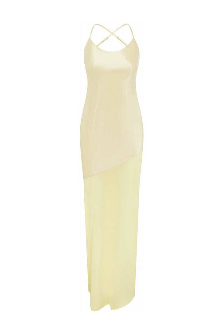 Cream satin maxi dress with thin straps and asymmetrical hem — Runaway The Label | Endless UAE