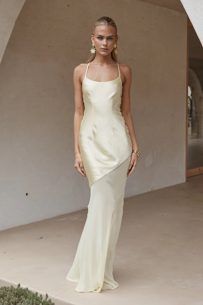 Cream satin maxi dress with thin straps and asymmetrical hem — Runaway The Label | Endless UAE