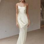 Cream satin maxi dress with thin straps and asymmetrical hem — Runaway The Label | Endless UAE