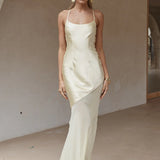 Cream satin maxi dress with thin straps and asymmetrical hem — Runaway The Label | Endless UAE