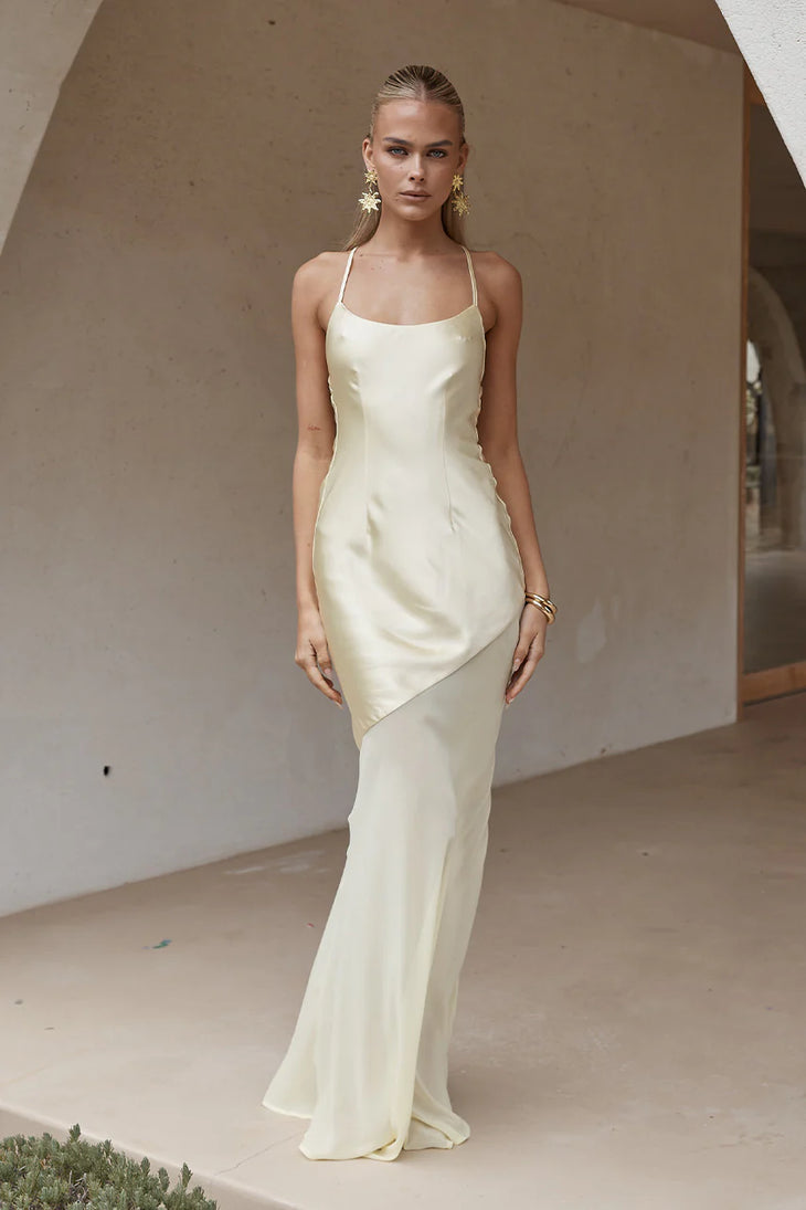 Cream satin maxi dress with thin straps and asymmetrical hem — Runaway The Label | Endless UAE