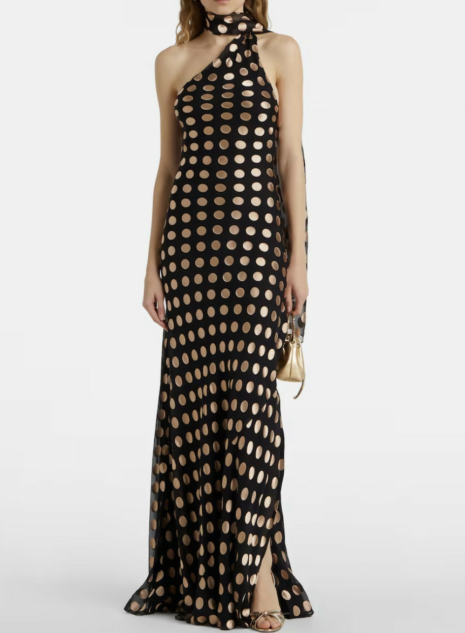 Black and gold polka-dot one-shoulder maxi dress with neck tie detail — Alexandra Miro | Endless UAE