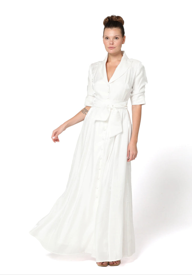 White long dress with collar, half sleeves, button front closure and tie belt waist — Baruni | Endless UAE