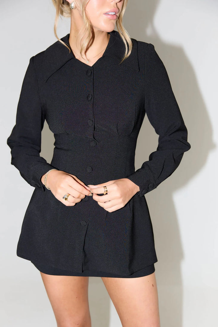 Black long-sleeved collared shirt dress with button front closure and mini length — Odd Muse | Endless UAE