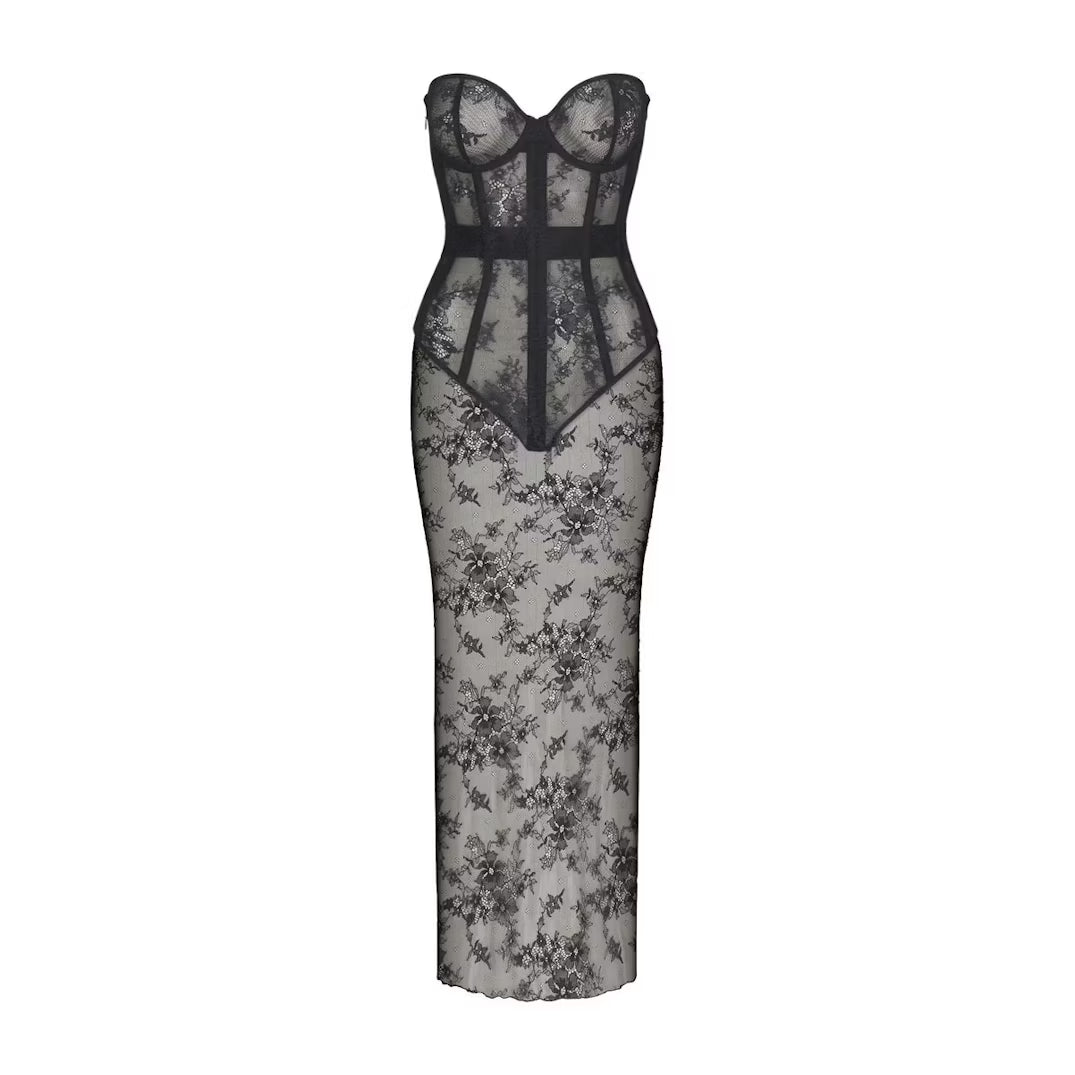 Black strapless corset long dress with lace detailing and sheer panels — Skims | Endless UAE
