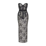 Black strapless corset long dress with lace detailing and sheer panels — Skims | Endless UAE