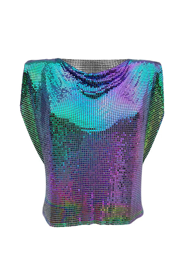 Sequin embellished top in petrol blue worn with black denim shorts at sunset beach — Isabel Moore | Endless UAE