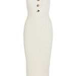 Cream ribbed strapless midi dress with gold button details — Self-Portrait | Endless UAE