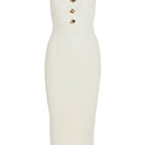 Cream ribbed strapless midi dress with gold button details — Self-Portrait | Endless UAE