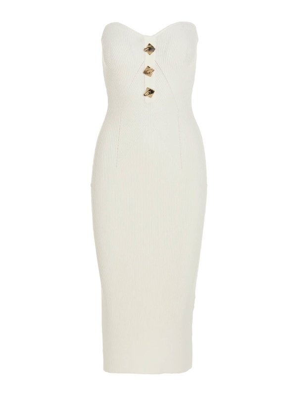 Cream ribbed strapless midi dress with gold button details — Self-Portrait | Endless UAE