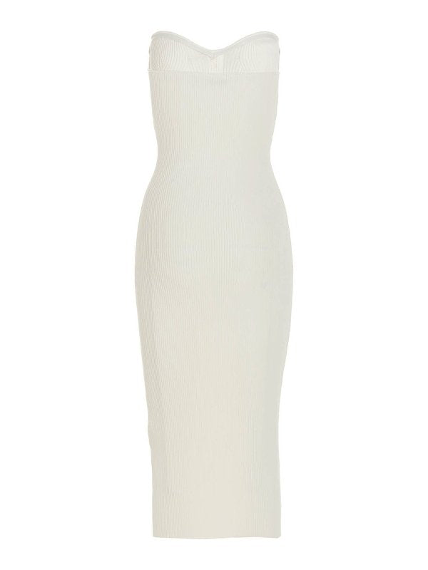Cream ribbed strapless midi dress with gold button details — Self-Portrait | Endless UAE