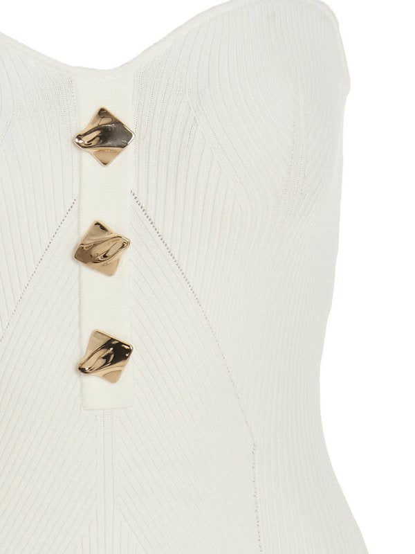 Cream ribbed strapless midi dress with gold button details — Self-Portrait | Endless UAE