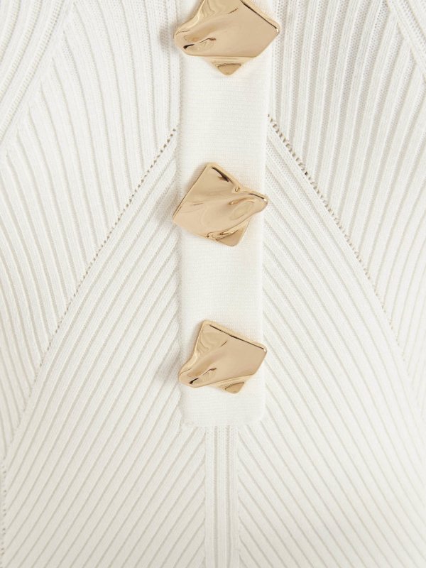 Cream ribbed strapless midi dress with gold button details — Self-Portrait | Endless UAE