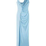 Light blue viscose liquid jersey draped gown with cowl neckline and high slit — Versace | Endless UAE