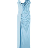 Light blue viscose liquid jersey draped gown with cowl neckline and high slit — Versace | Endless UAE