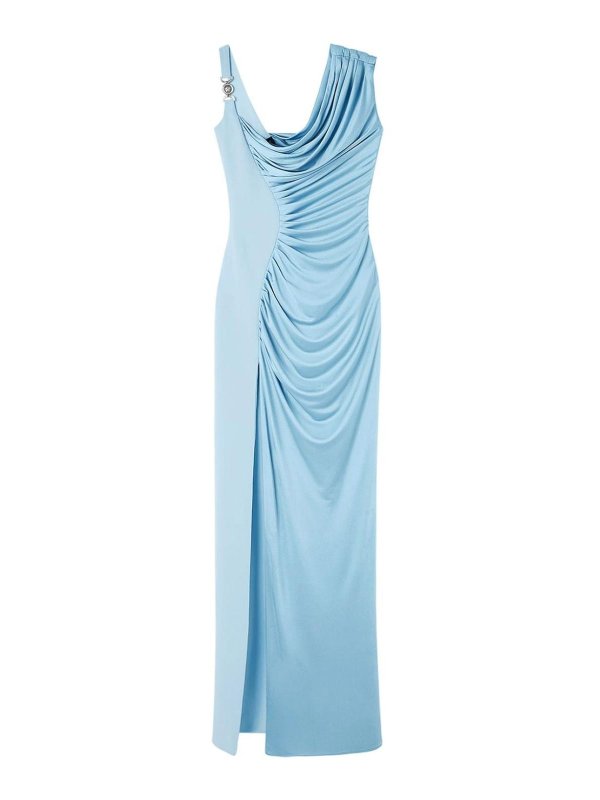 Light blue viscose liquid jersey draped gown with cowl neckline and high slit — Versace | Endless UAE
