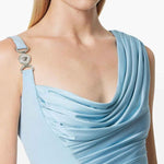 Light blue viscose liquid jersey draped gown with cowl neckline and high slit — Versace | Endless UAE