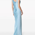 Light blue viscose liquid jersey draped gown with cowl neckline and high slit — Versace | Endless UAE