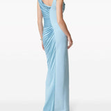 Light blue viscose liquid jersey draped gown with cowl neckline and high slit — Versace | Endless UAE