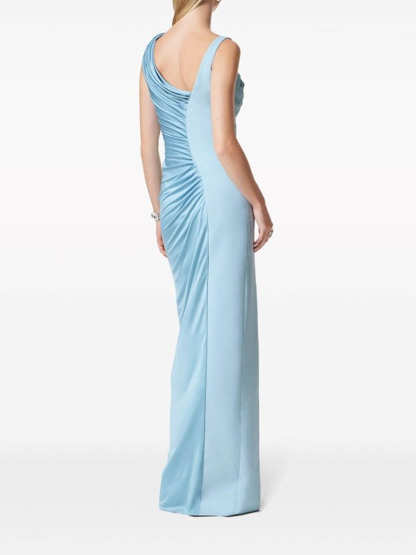 Light blue viscose liquid jersey draped gown with cowl neckline and high slit — Versace | Endless UAE