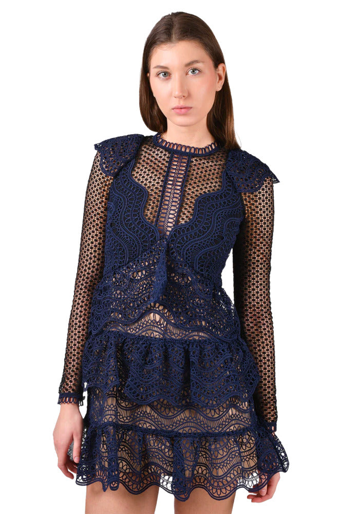 Navy blue crochet ruffled mini dress with long sleeves and layered lace details — Self-Portrait | Endless UAE