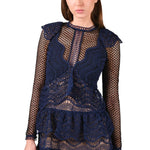 Navy blue crochet ruffled mini dress with long sleeves and layered lace details — Self-Portrait | Endless UAE