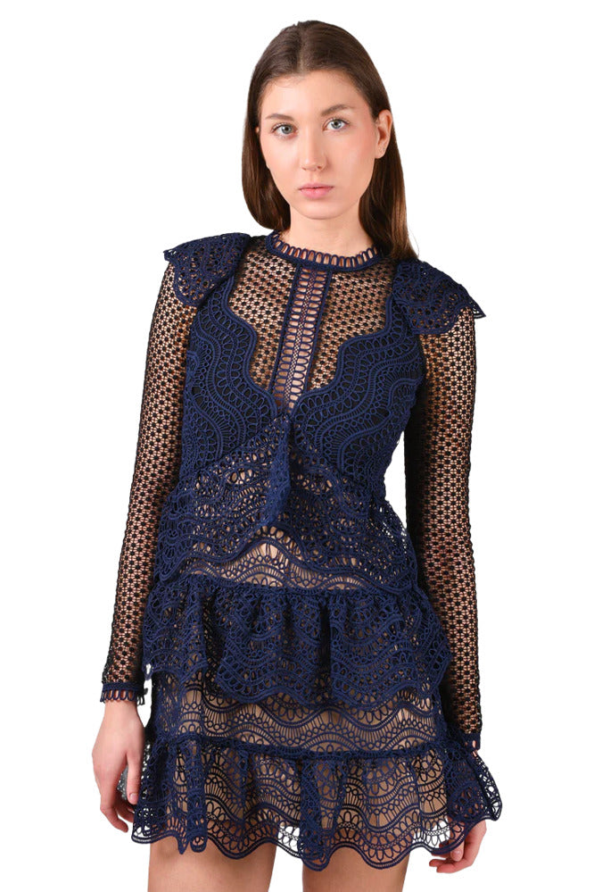 Navy blue crochet ruffled mini dress with long sleeves and layered lace details — Self-Portrait | Endless UAE