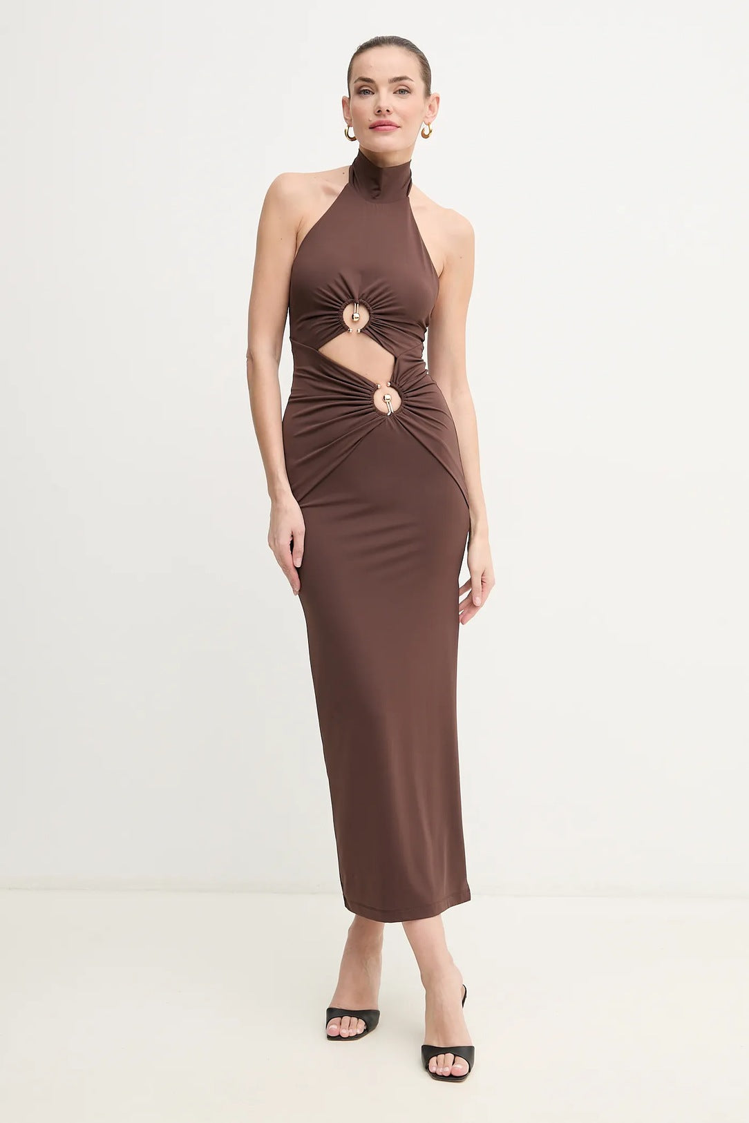 Brown halterneck midi dress with cutout details and ring embellishments — Bardot | Endless UAE