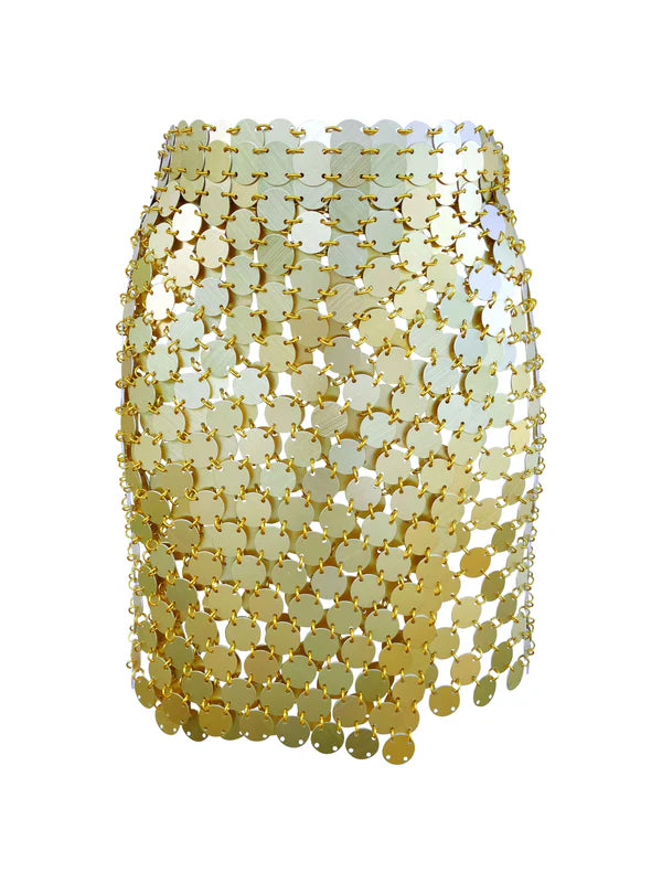 Gold sequin mini skirt with white accents worn with black crop top — Isabel Moore | Endless UAE