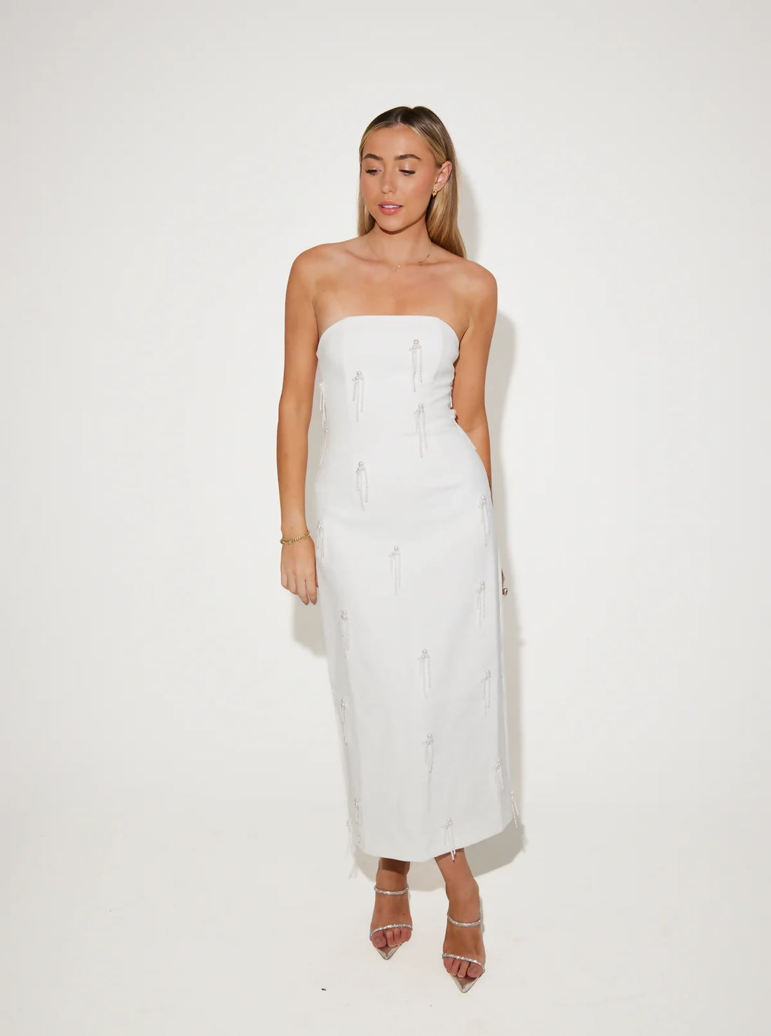 Elegant white strapless midi dress with crystal embellishments and fitted silhouette — Odd Muse | Endless UAE