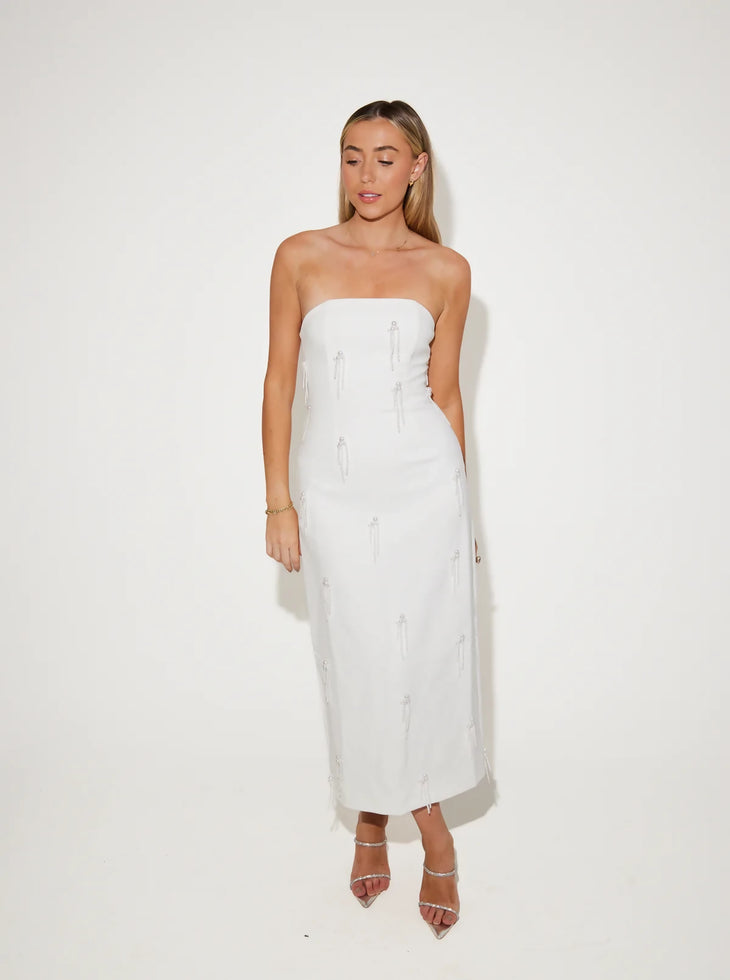 Elegant white strapless midi dress with crystal embellishments and fitted silhouette — Odd Muse | Endless UAE