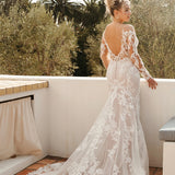 Lace Fit-and-Flare Wedding Dress with Illusion Neckline and Long Sleeves