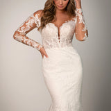 Lace Fit-and-Flare Wedding Dress with Illusion Neckline and Long Sleeves