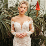 Lace Fit-and-Flare Wedding Dress with Illusion Neckline and Long Sleeves