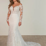 Lace Fit-and-Flare Wedding Dress with Illusion Neckline and Long Sleeves