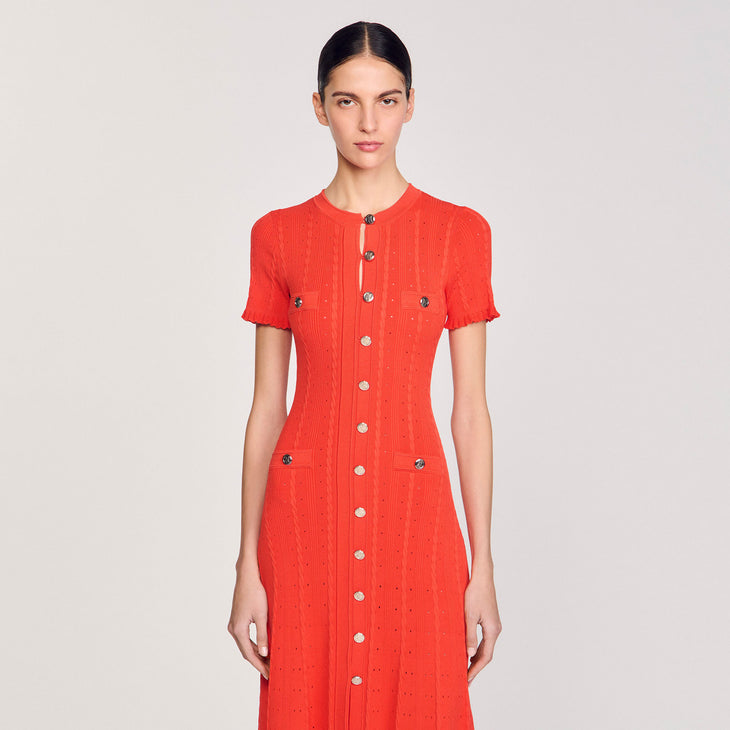 Orange ribbed knit maxi dress with silver button-front closure and short sleeves — Sandro | Endless UAE
