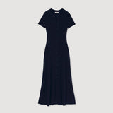 Woman wearing navy ribbed knit maxi dress with short sleeves and button front — Endless | Endless UAE