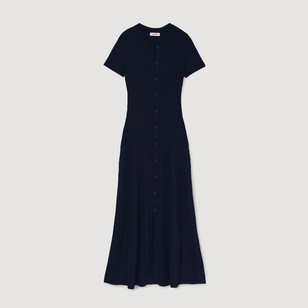 Woman wearing navy ribbed knit maxi dress with short sleeves and button front — Endless | Endless UAE