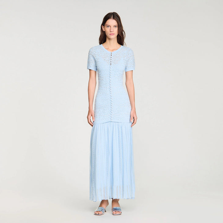 Light blue beaded knit maxi dress with short sleeves, button front detail, and pleated skirt hem — Sandro | Endless UAE