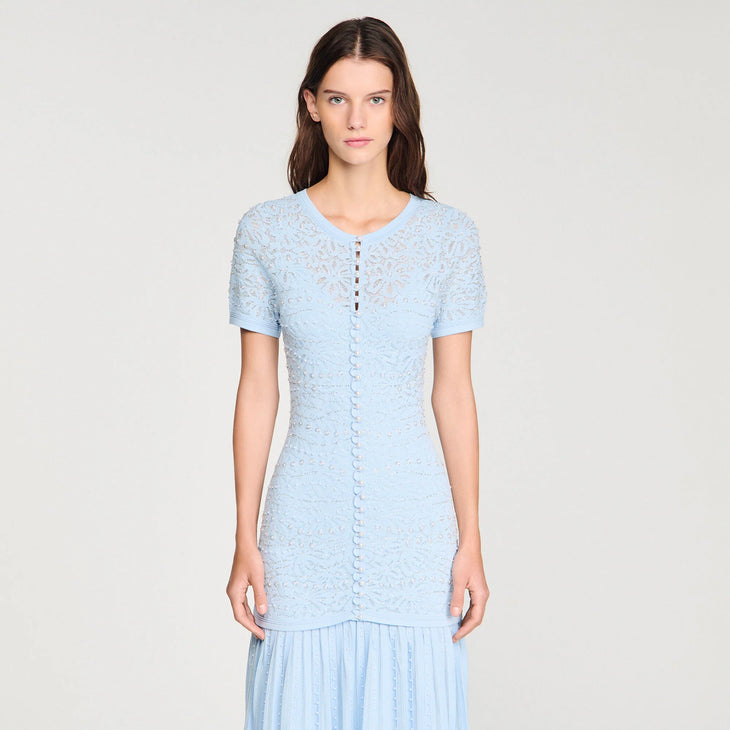 Light blue beaded knit maxi dress with button-front detail and pleated skirt, short sleeves, elegant lace texture — Sandro | Endless UAE