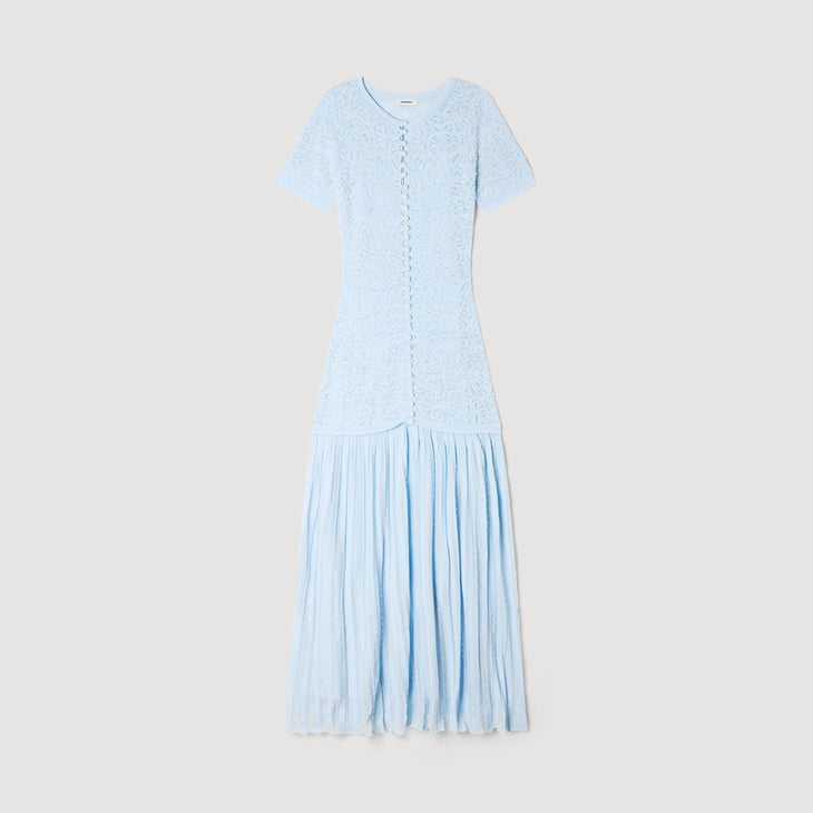 Light blue beaded knit maxi dress with short sleeves, button-front closure, and pleated skirt hem — Sandro | Endless UAE
