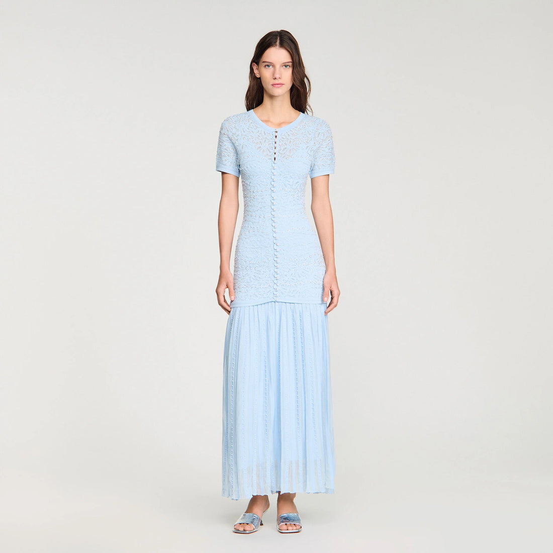 Light blue beaded knit maxi dress with short sleeves, decorative button front, and pleated skirt — Sandro | Endless UAE