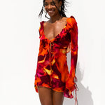 Vibrant orange and red tie-dye mini dress with ruffle neckline and drawstring details — Rat & Boa | Endless UAE